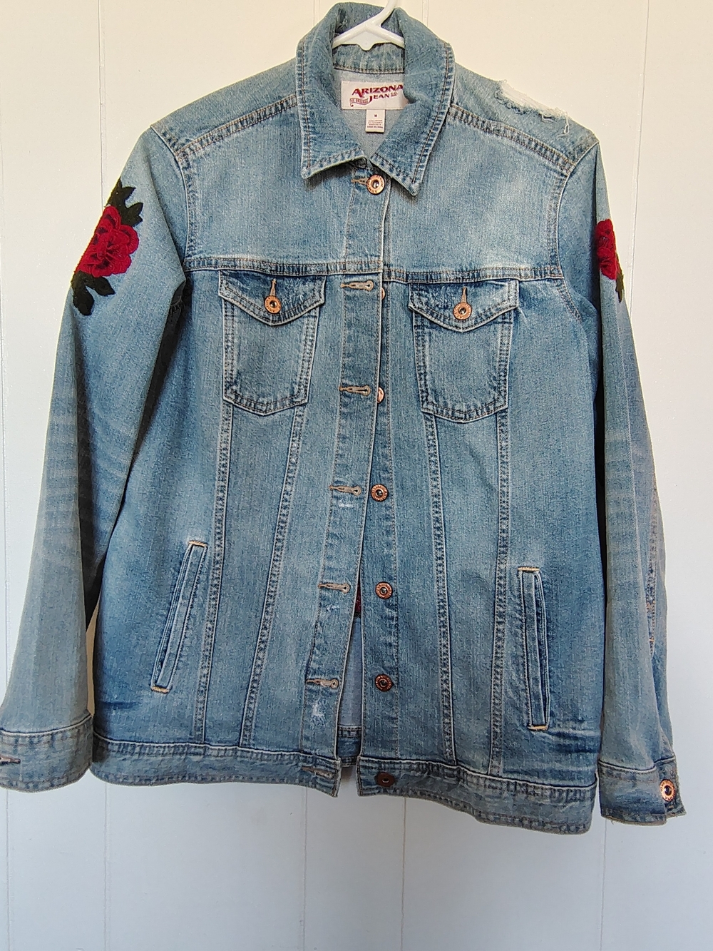 Arizona Jean Company Light Blue Denim Jacket with Red Rose Embroidery